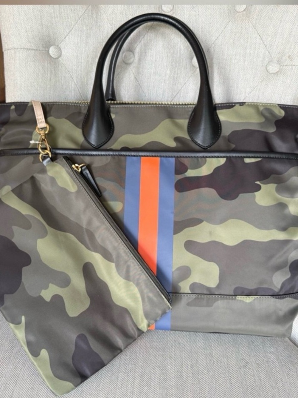 Pottery Barn Kids Mark & Graham Nylon Camo Diaper Tote, Orange & Blue Stripe NWT